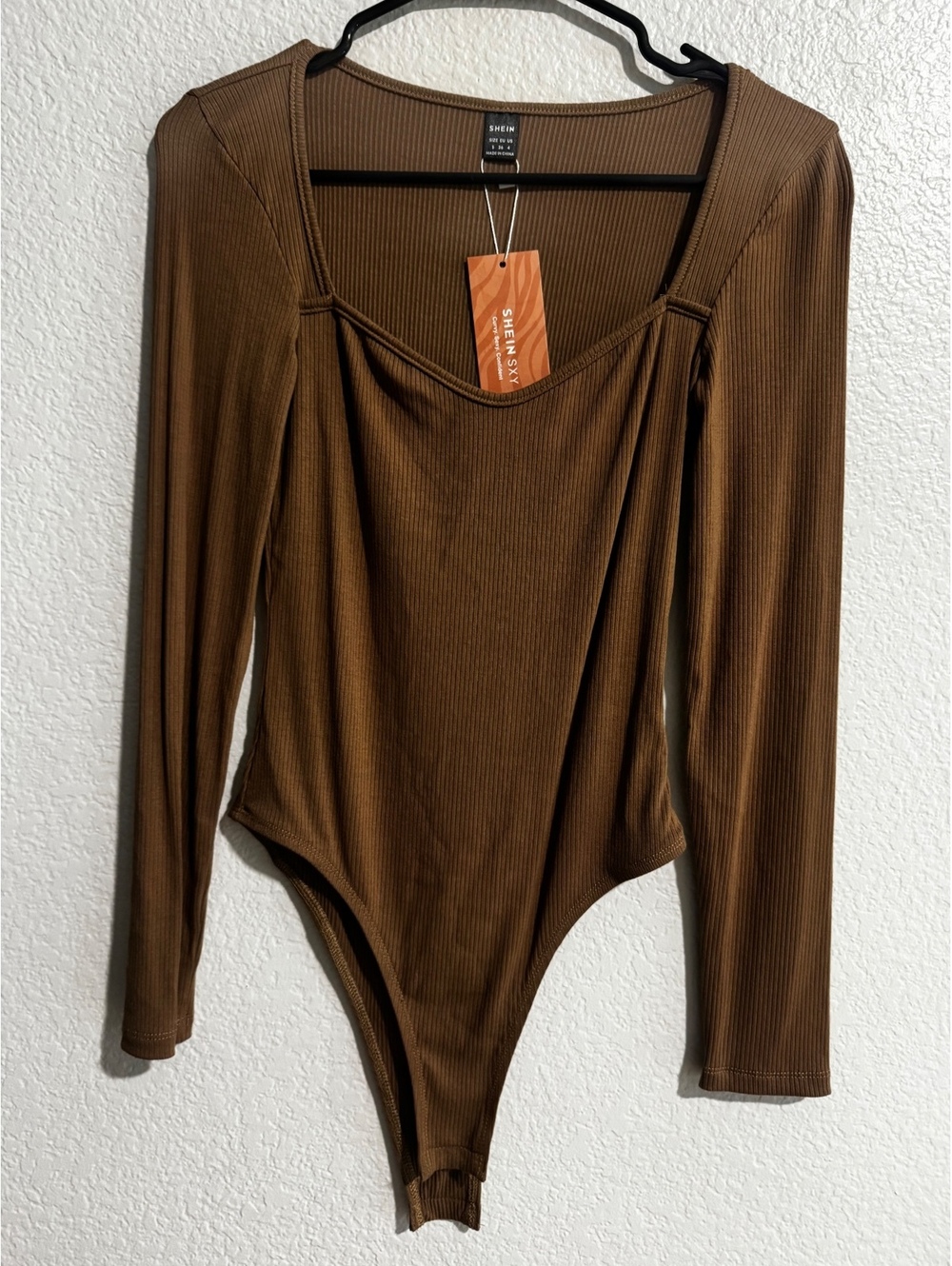 Brown Ribbed Long Sleeve Bodysuit with Square Sweetheart Neckline, Size Medium